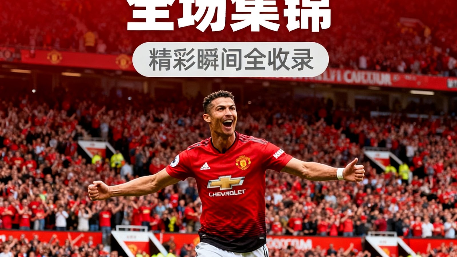 曼联对阵阿森纳全场集锦视频封面，画面中央是庆祝进球的曼联球员，背景为老特拉福德球场红色海洋般的球迷
